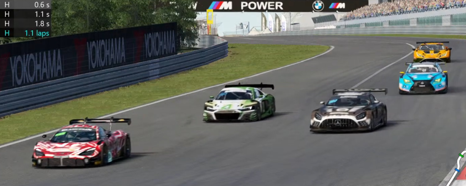 A vibrant racing game scene featuring multiple cars speeding around a winding track.